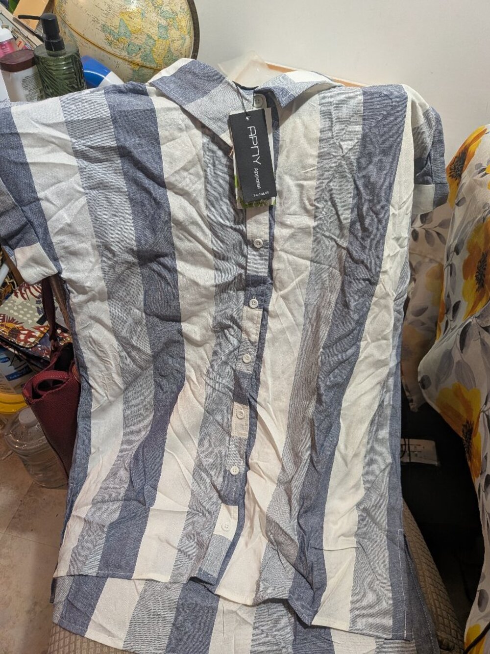 APNY Apparel Sustainable Striped Button Down Shirt Navy White Size S NWT